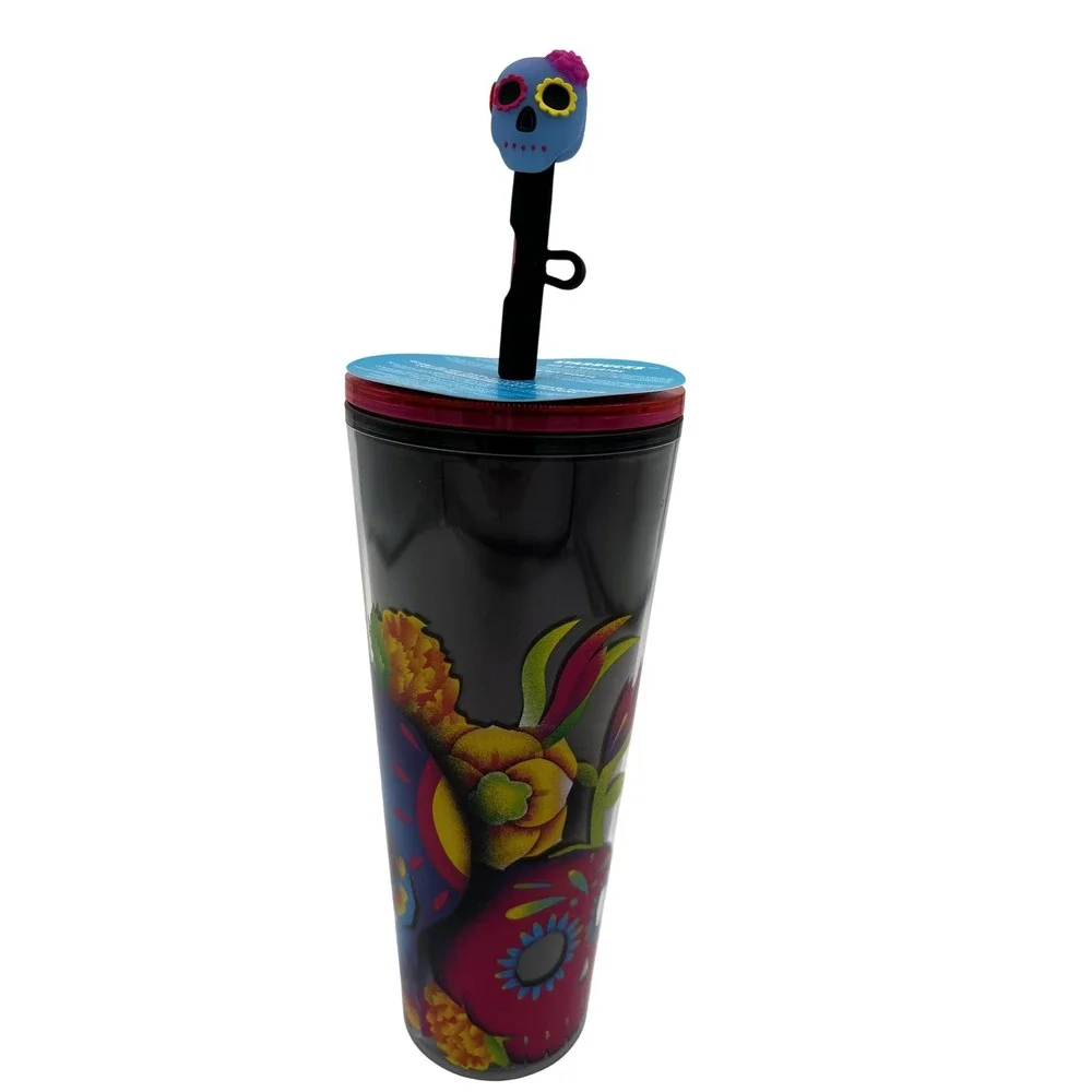 Starbucks Dia De Muertos 24oz Tumbler Cup Glow Dark Skull‎ Straw Holographic